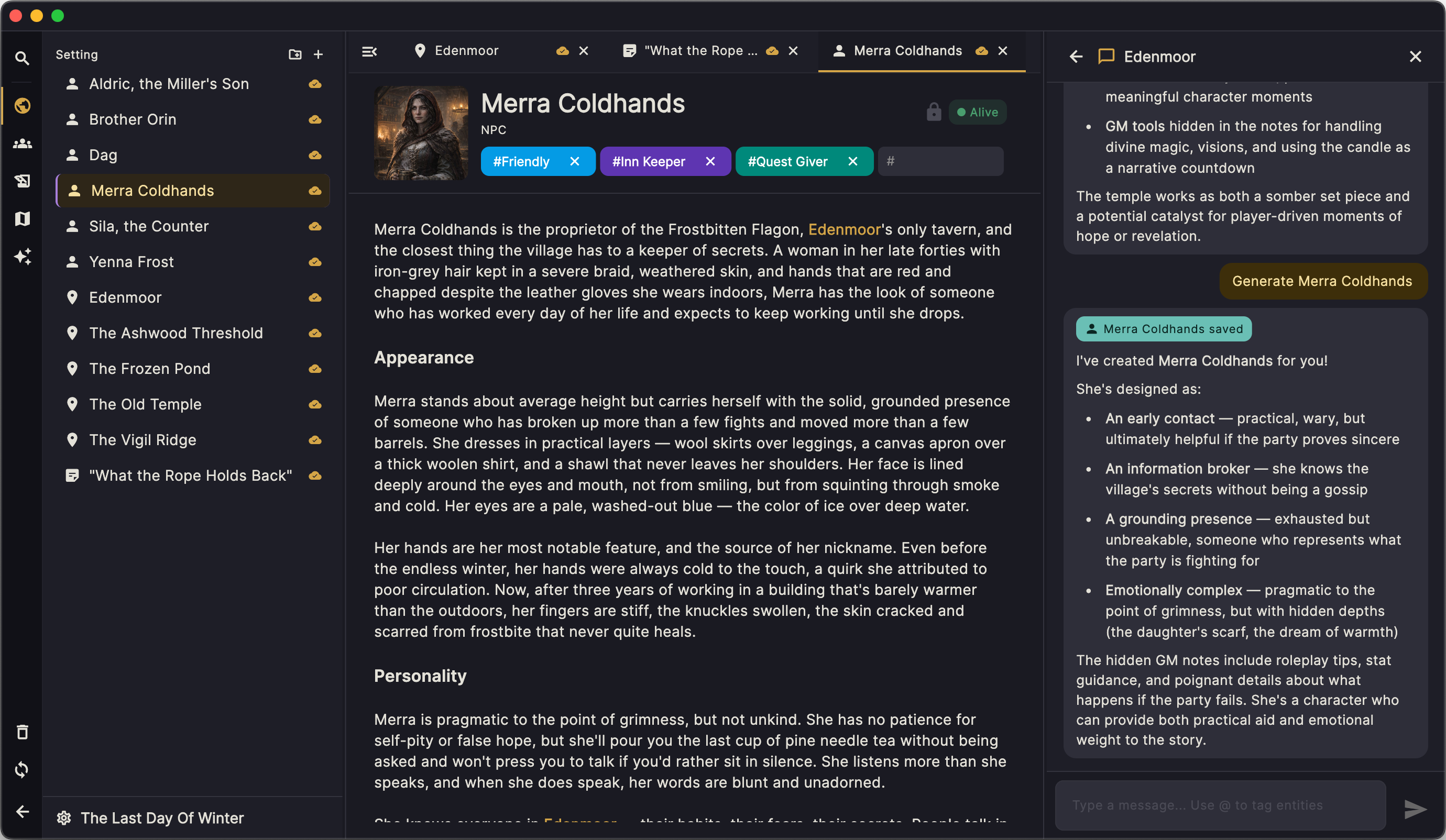 Wizard Spellbook app showing a TTRPG campaign with characters, locations, and session notes in a dark-themed interface